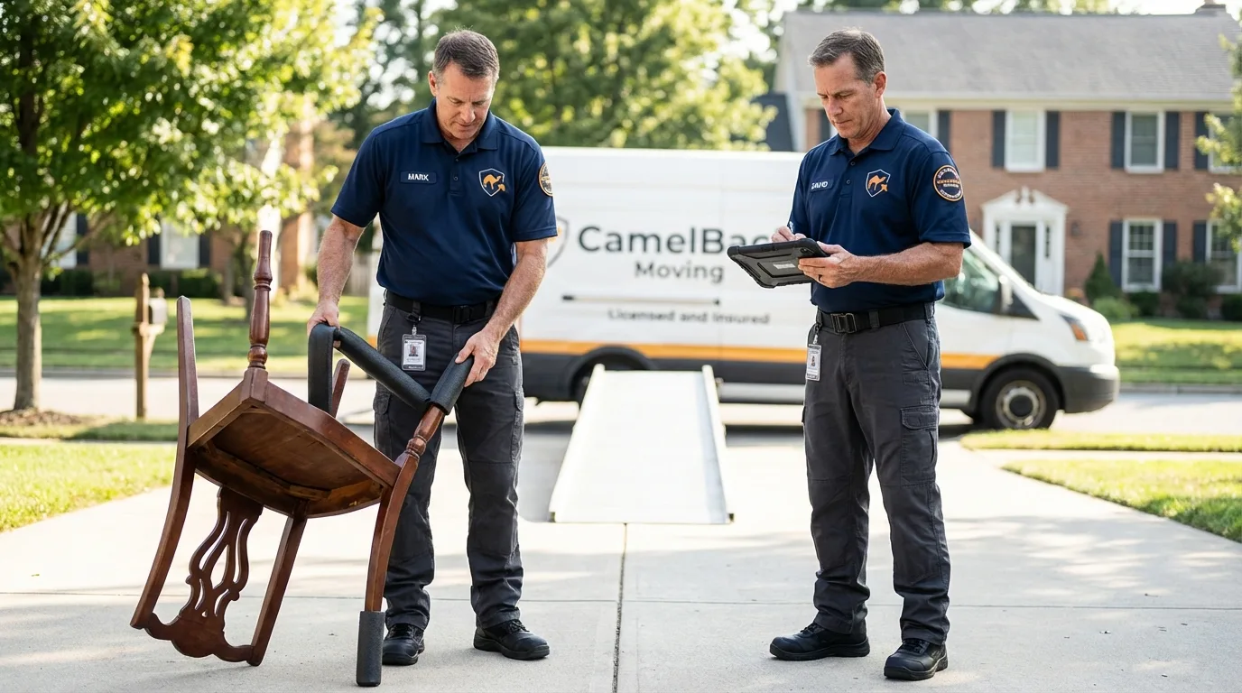 Movers inspecting furniture for damage prevention before loading in Hurricane, UT