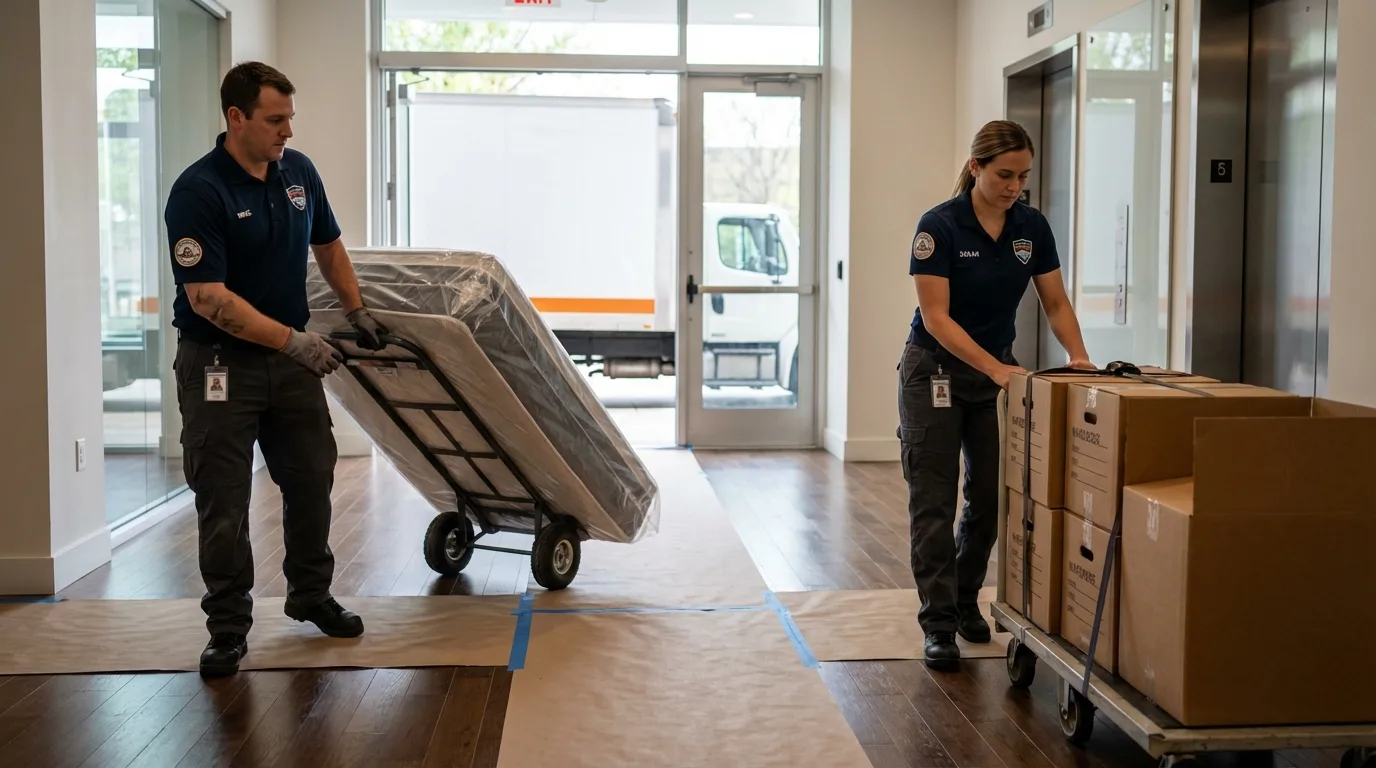Professional apartment movers loading elevator in Hurricane, UT